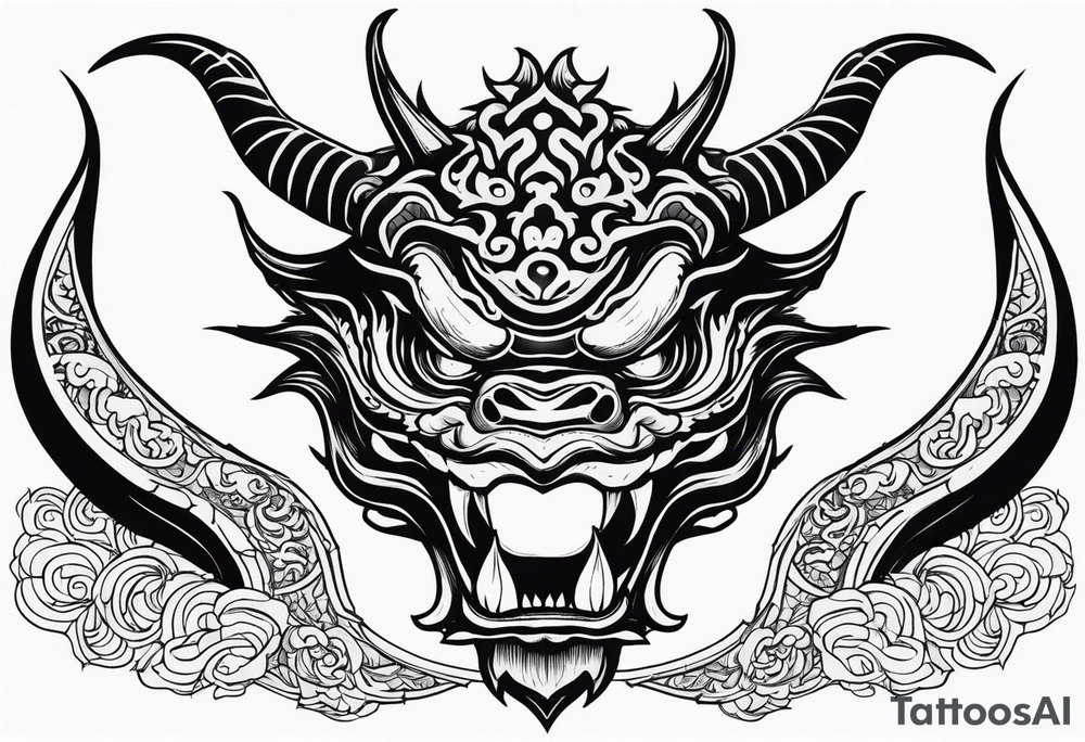 Dragon head facing front, tattoo should look old school Japanese way, dragon mouth should not be open. Long horn tattoo idea