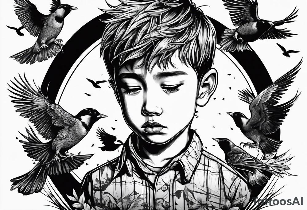 boy crying, being attacked by birds tattoo idea