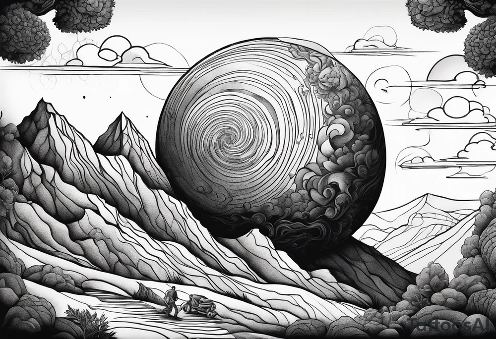 Sisyphus rolling a rock up a hill tattoo idea