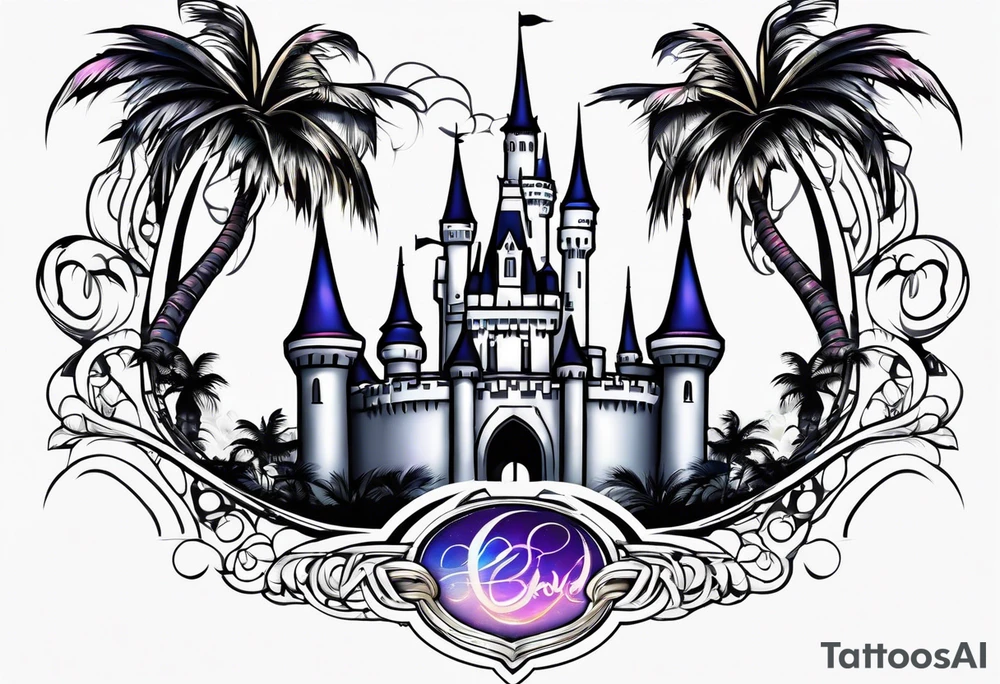 disney castle palm tree tron style tattoo idea