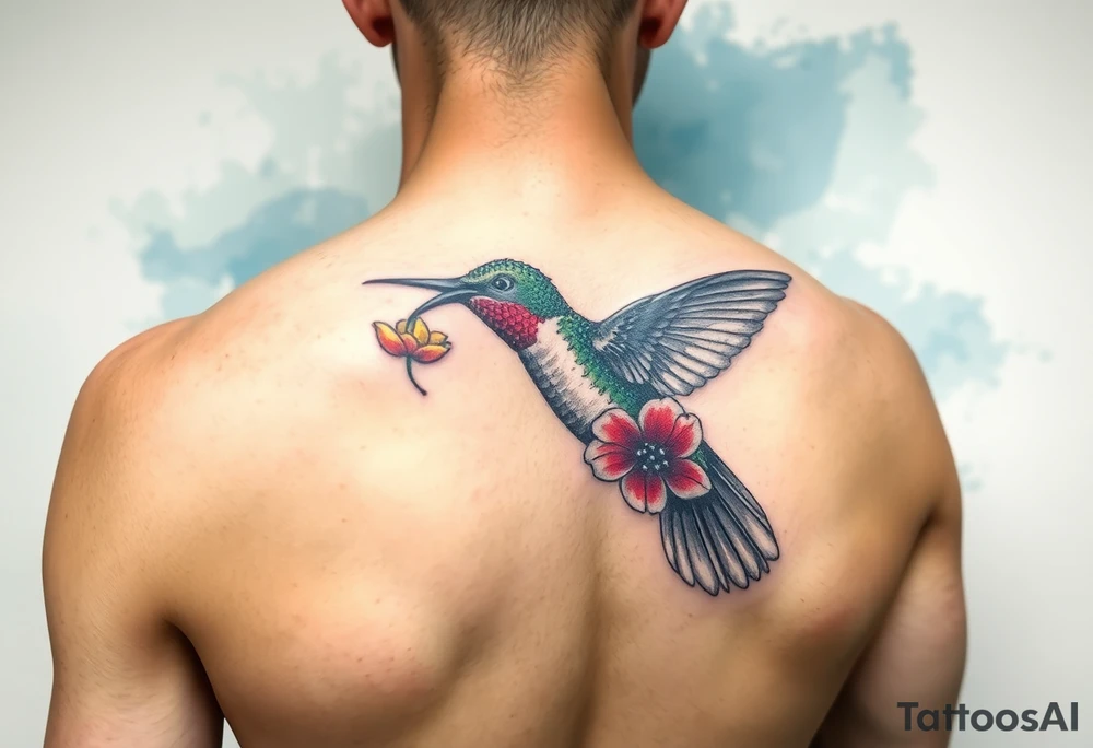 A humming bird gathering nectar from a flower, scetch style, side profile, full body view, strong vibrant colours, watercolour background tattoo idea