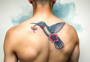 A humming bird gathering nectar from a flower, scetch style, side profile, full body view, strong vibrant colours, watercolour background tattoo idea