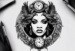 Rihanna Medusa Hand tattoo and above that I want a pocket watch with the time 9:23 and I want Illuminati eye inside of the pocket watch and then I want a vulture holding the pocket watch tattoo idea