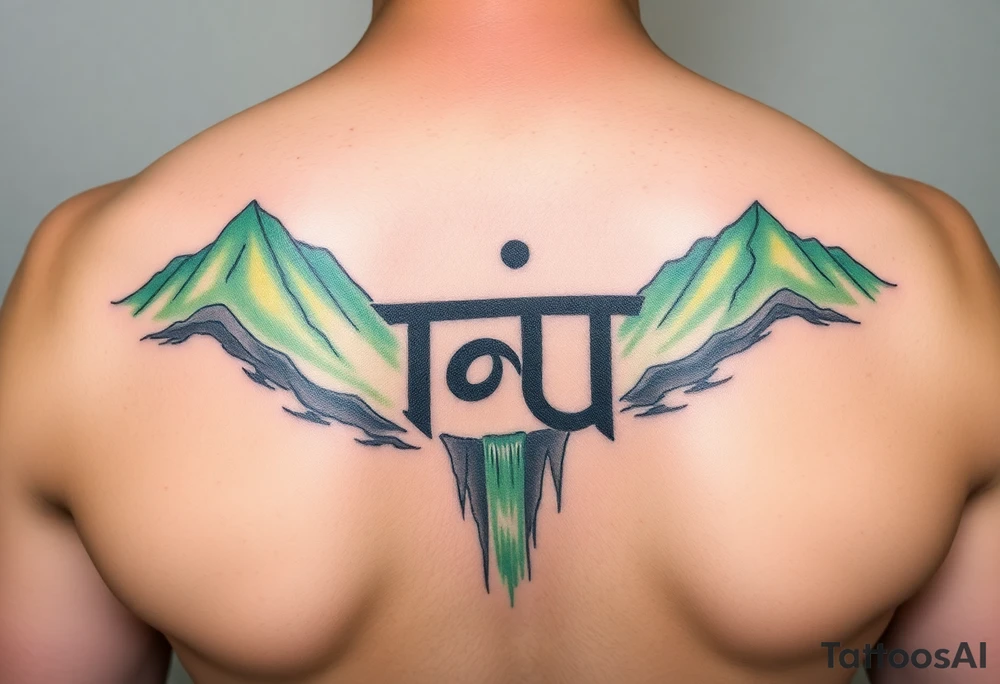 I need to import a photograph as the focal point of the tattoo. The Burmese word သား Inside of a photo the subject of the photo.  The photo surrounded by a colorful green mountainside with a waterfall tattoo idea