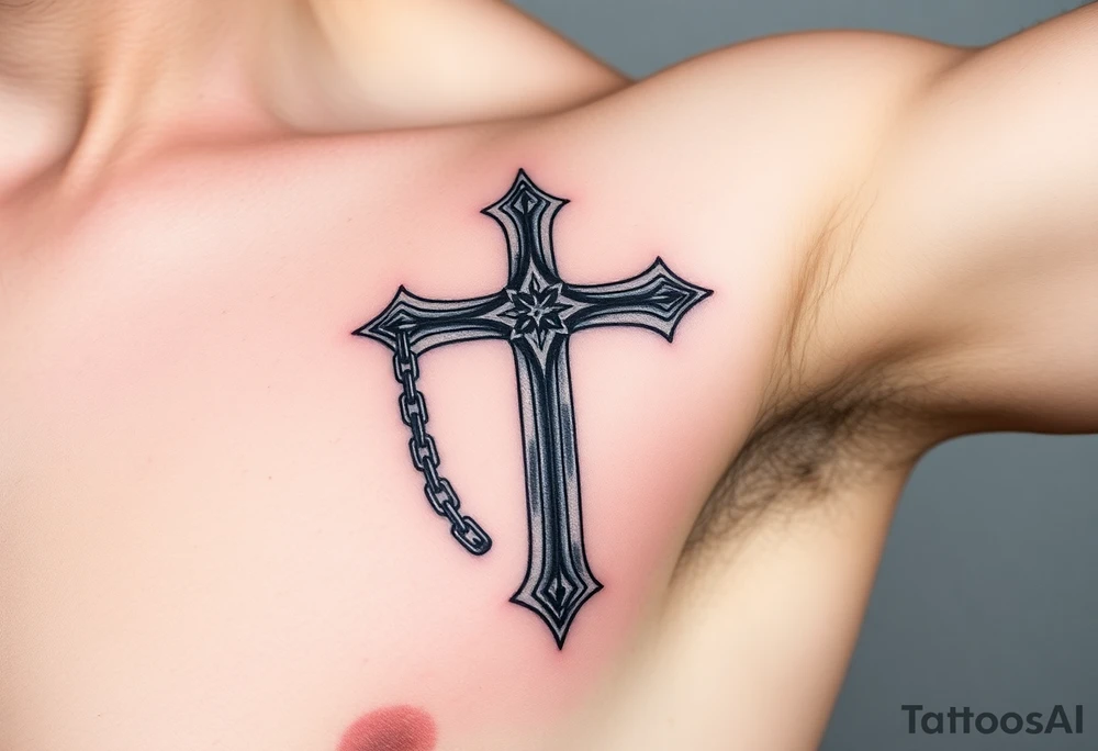 A Gothic cross entwined with chains, in silver and dark metallic tones, symbolizing pain and sacrifice tattoo idea