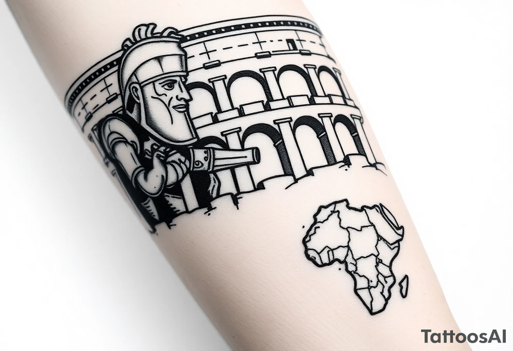 Imaginez un tatouage ou ont peut voir des éléments architecturaux de Rome, comme le Colisée, un gladiateur  Enfin, dans le coin inférieur de l'image une carte de la centre Afrique et la grenade  de la cavalerie tattoo idea