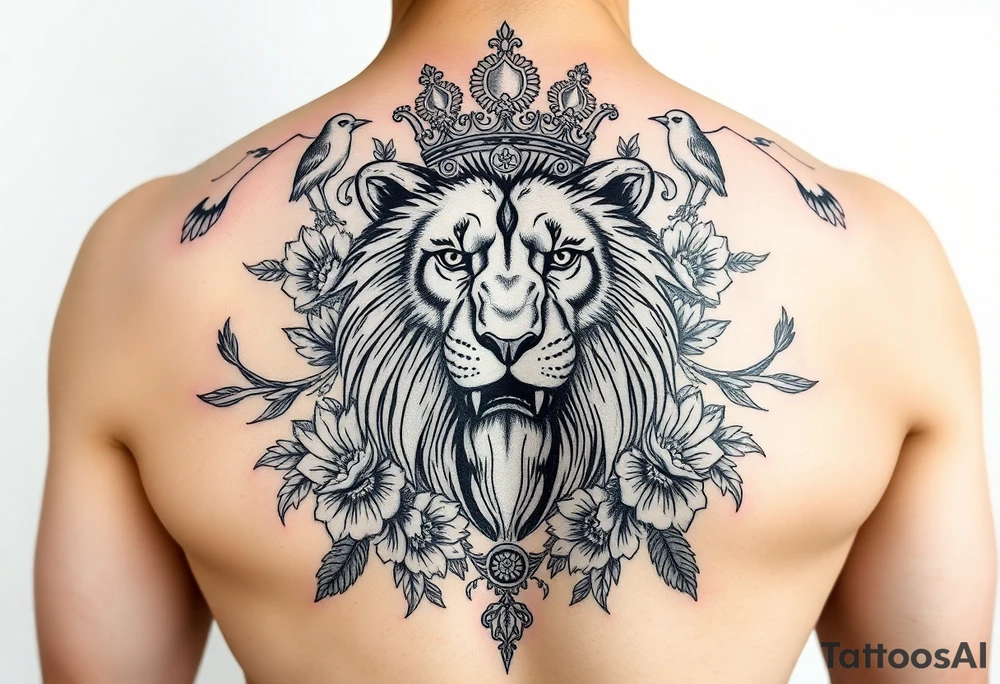powerful majestic lion with a crown, surrounded by floral ornaments and birds tattoo idea