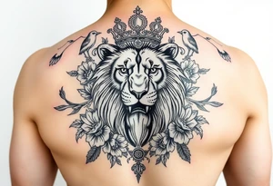 powerful majestic lion with a crown, surrounded by floral ornaments and birds tattoo idea