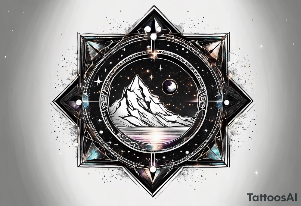 Matter, energy, space and time with an old stone theta symbol with stars in the background and Scorpio constellation tattoo idea