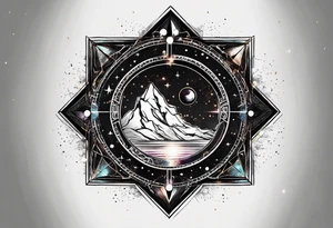 Matter, energy, space and time with an old stone theta symbol with stars in the background and Scorpio constellation tattoo idea