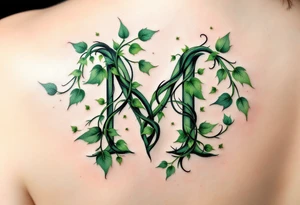 An "M" made of intertwining ivy vines in rich forest green, symbolizing growth. tattoo idea