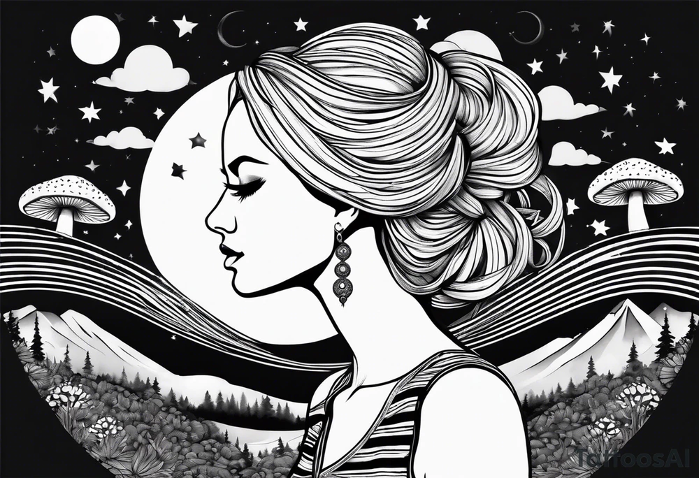 Straight blonde hair girl facing away toward mountains surrounded by mushrooms crescent moon mandala circular design black and white striped dress figure 8 tattoo idea