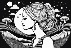 Straight blonde hair girl facing away toward mountains surrounded by mushrooms crescent moon mandala circular design black and white striped dress figure 8 tattoo idea