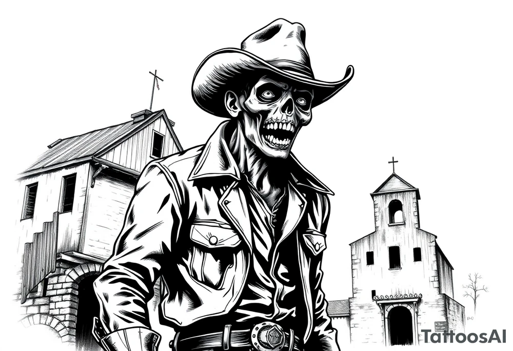 zombie in cowboy-clothing,old buildings. tattoo idea