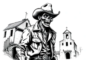 zombie in cowboy-clothing,old buildings. tattoo idea