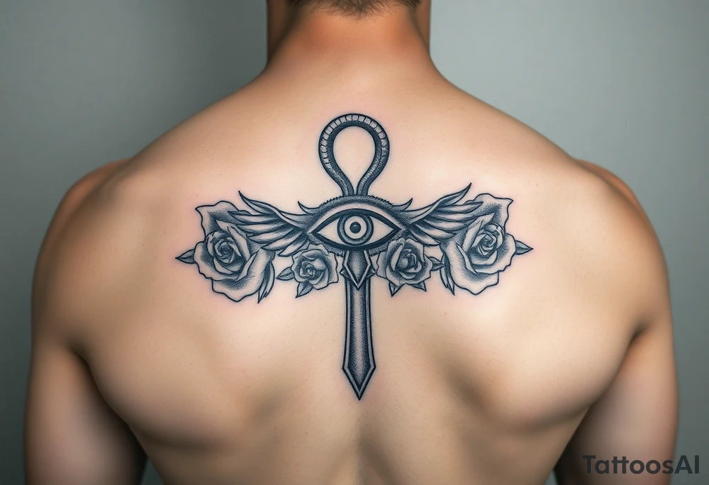The ankh symbol with the eye of horus intertwined with roses tattoo idea