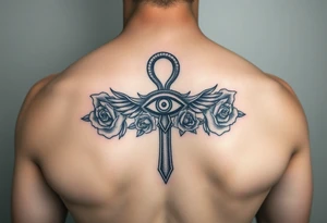 The ankh symbol with the eye of horus intertwined with roses tattoo idea