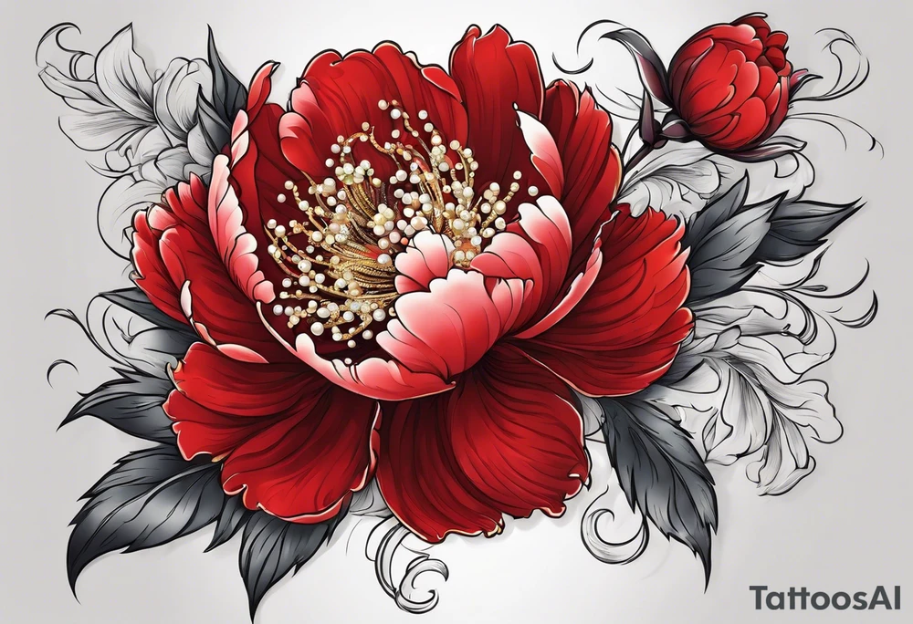 Red peony with hanging pearls and rabbit tattoo idea
