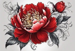 Red peony with hanging pearls and rabbit tattoo idea