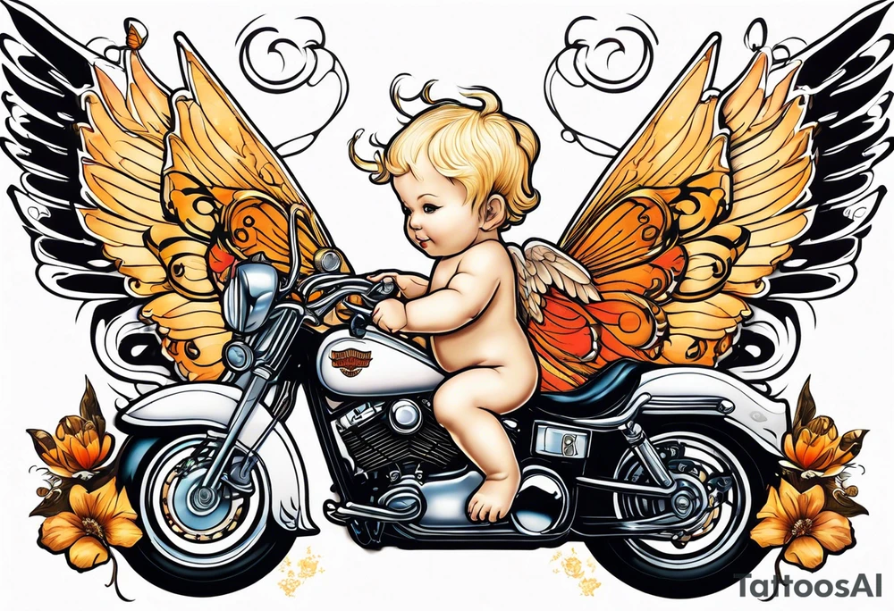 white, blonde cherub with harley davidson logo wings with butterflies tattoo idea