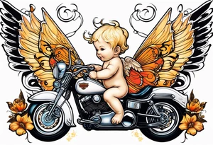 white, blonde cherub with harley davidson logo wings with butterflies tattoo idea