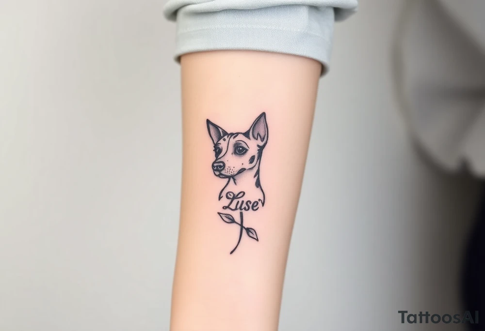 Half dead half alive zombie Brindle dog with the name kiwi . And a tiny rose tattoo idea