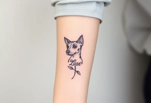 Half dead half alive zombie Brindle dog with the name kiwi . And a tiny rose tattoo idea