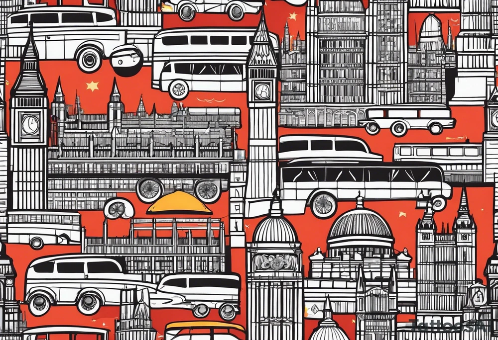 A minimalistic, abstract design capturing the architectural essence and vibe of London. Key elements of London’s skyline and structure are hinted at with clean lines, and subtle detailing includes personal touches, like a nod to Feid’s signature look (hat, glasses, mustache), integrated discreetly to honor a memorable concert experience. tattoo idea