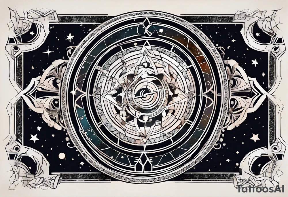 Matter, energy, space and time with an old stone theta symbol with stars in the background and Scorpio constellation tattoo idea
