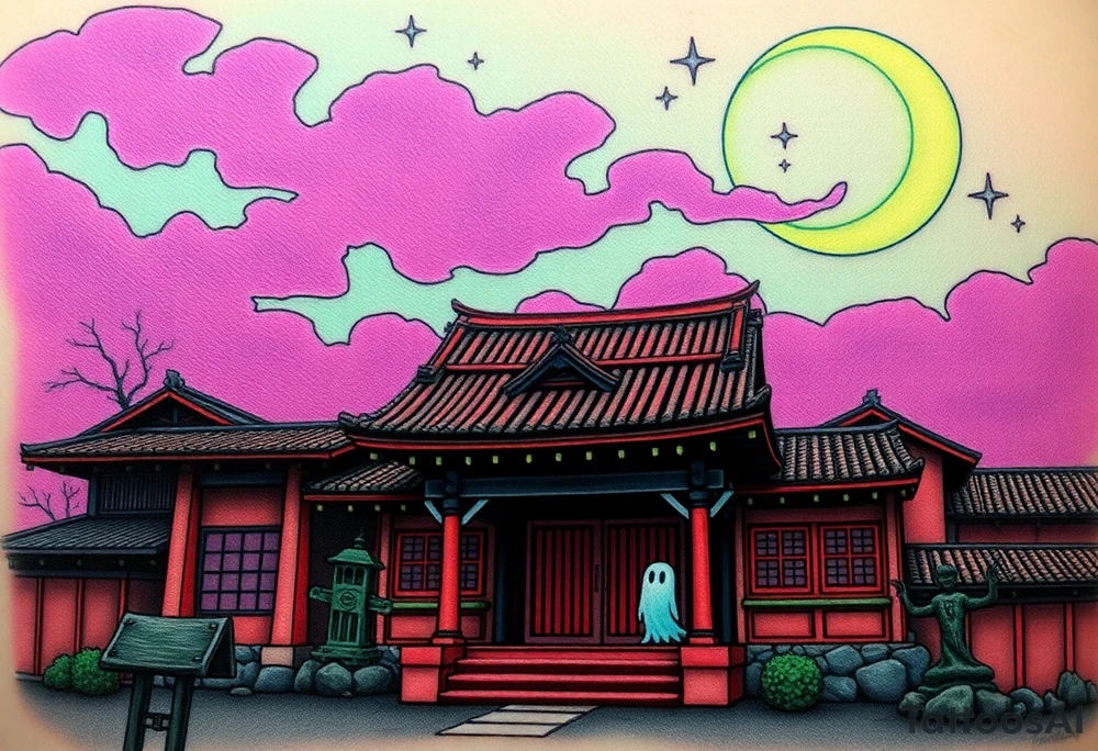 Tim Burton’s haunted pastel Tokyo shrine is abandoned except for one lone samurai ghost and dripping with muted reds, dusty pinks, and eerie green glow.purple and cyan smokey clouds swirl in the crescent moonlit sky thats sprinkled with stars tattoo idea tattoo idea