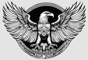 a sun with 21 ray in the background front of sun a simplified open wing eagle and in eagles left foot holding a kalashnikof right foot holding a reed tattoo idea