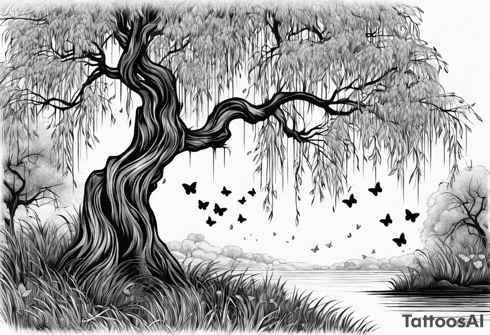 Weeping willow tree with butterflies tattoo idea