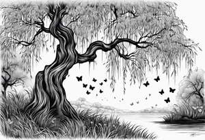 Weeping willow tree with butterflies tattoo idea