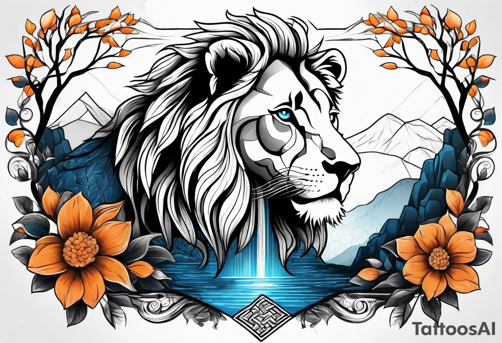 Lion tattoo with blue eyes, Orange tree of life with a stream leading to waterfall tattoo idea
