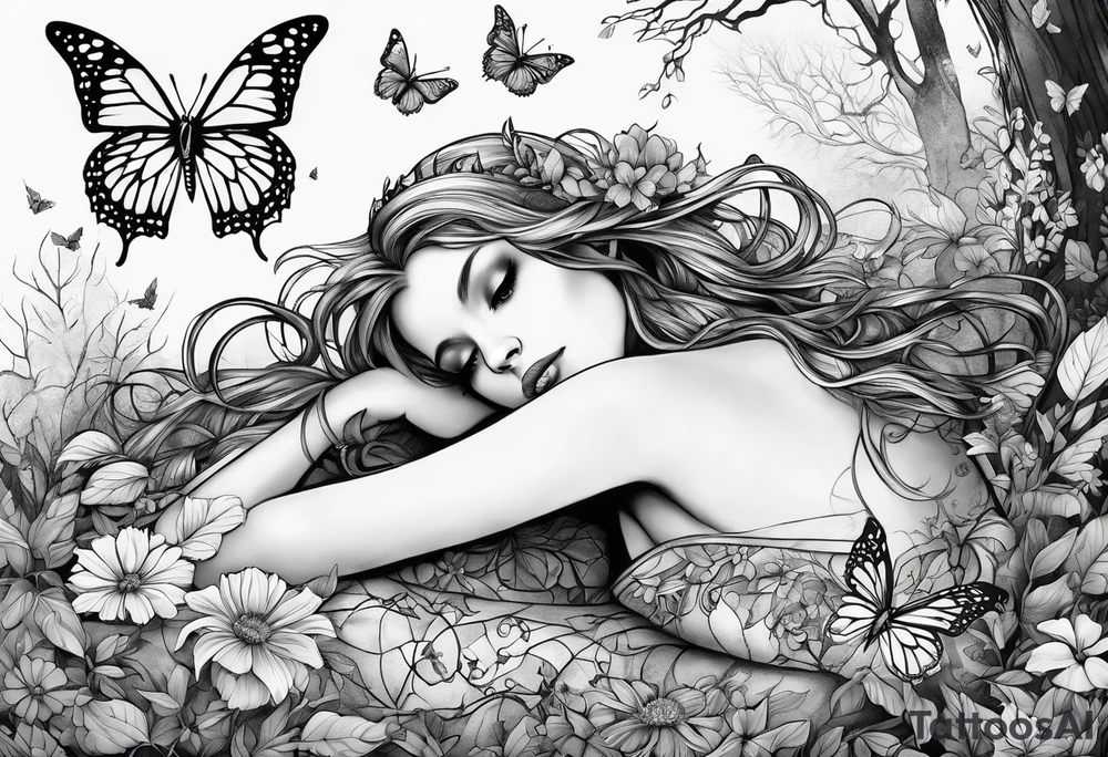 A depressed fairy laid down, flat to the ground on her front, surrounded by mystical woodland and butterflies tattoo idea