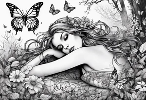 A depressed fairy laid down, flat to the ground on her front, surrounded by mystical woodland and butterflies tattoo idea