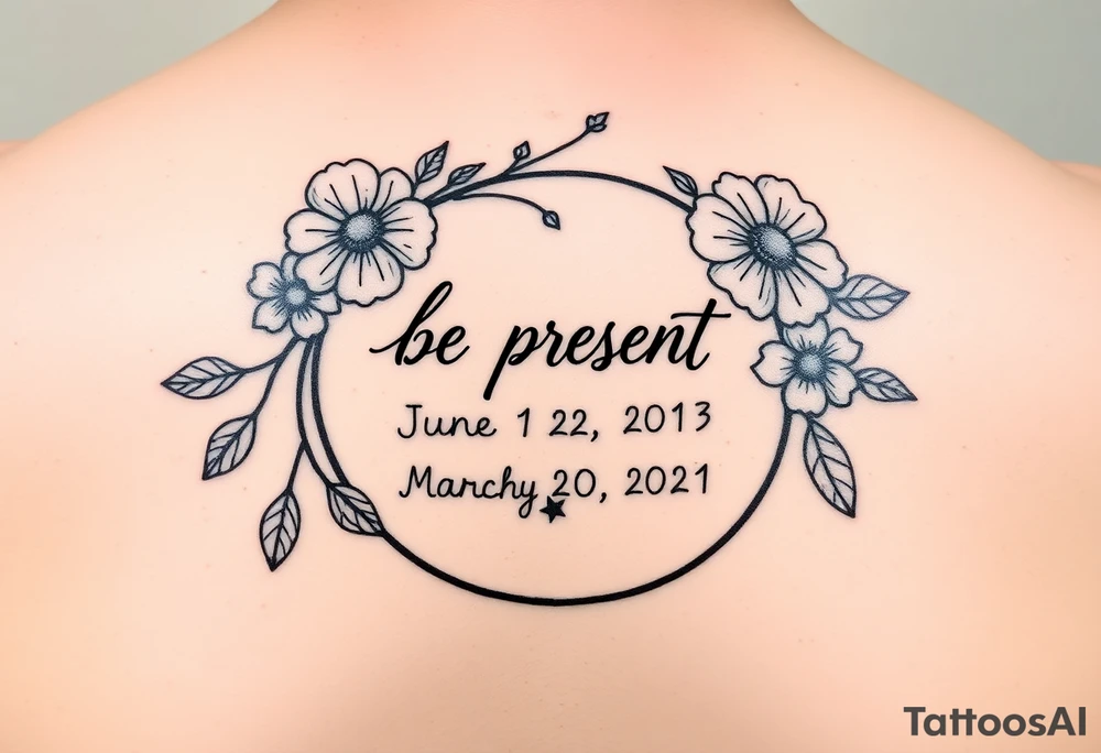 Enso ring with flowers and a stem with writing in cursive that says be present. Incorporate the dates June 2, 2013, March 2, 2016, and January 20, 2021. Also include three stars.


Make the Enso ring prominent tattoo idea