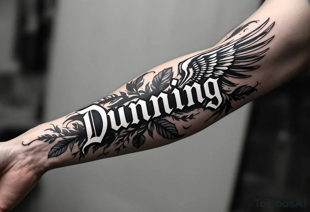 Dunning, left forearm details include angel wing, greek type of font,jungle leaves, name in white color tattoo idea