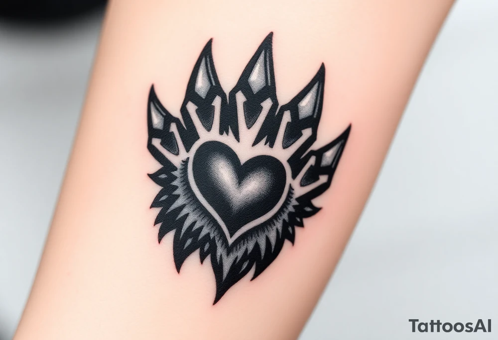 A black-and-gray shaded wolf paw forming, with sharp heart and intense shading for a bold tattoo idea