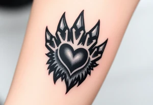 A black-and-gray shaded wolf paw forming, with sharp heart and intense shading for a bold tattoo idea