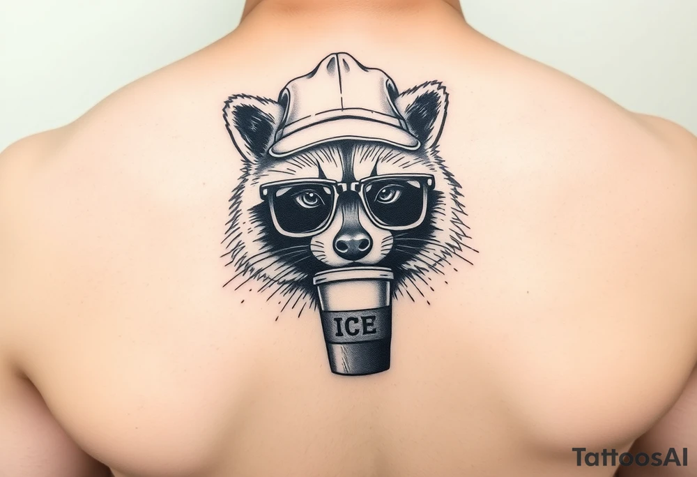 Raccoon with thick square glasses,trucker hat, and iced coffee tattoo idea