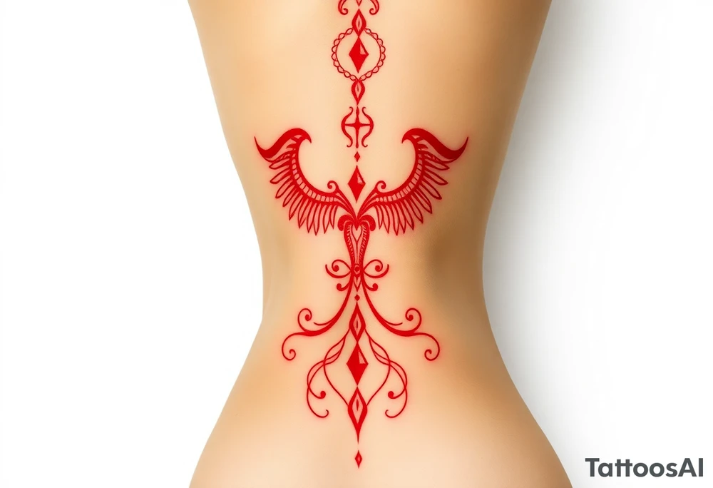 Tattoo that combines the star sign Taurus and Libra ,in red , down the spine tattoo idea