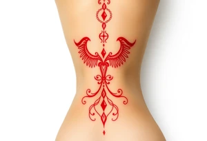 Tattoo that combines the star sign Taurus and Libra ,in red , down the spine tattoo idea