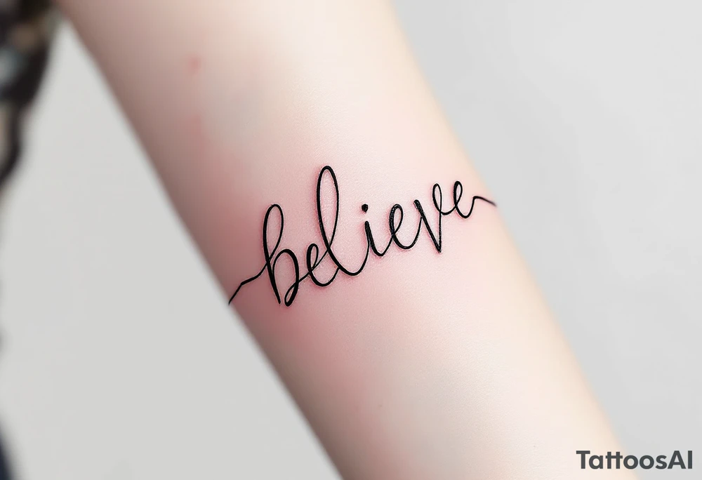 "Believe" in pink with a heartbeat line running through it, representing passion and belief in vitality and life. tattoo idea