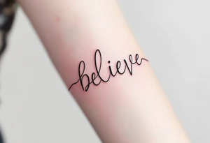 "Believe" in pink with a heartbeat line running through it, representing passion and belief in vitality and life. tattoo idea