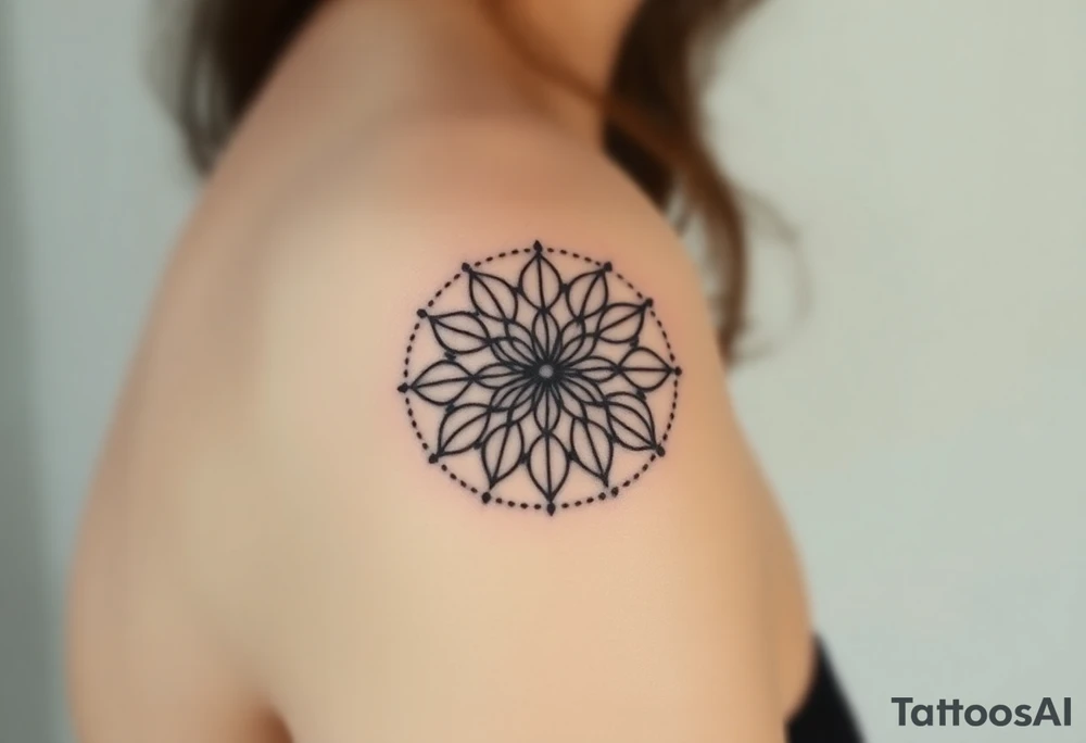 A Flower of Life pattern with delicate dot work shading placed in cyrcle tattoo idea