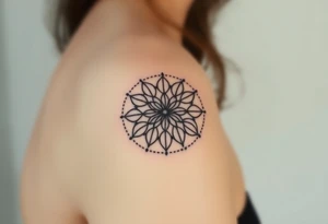A Flower of Life pattern with delicate dot work shading placed in cyrcle tattoo idea