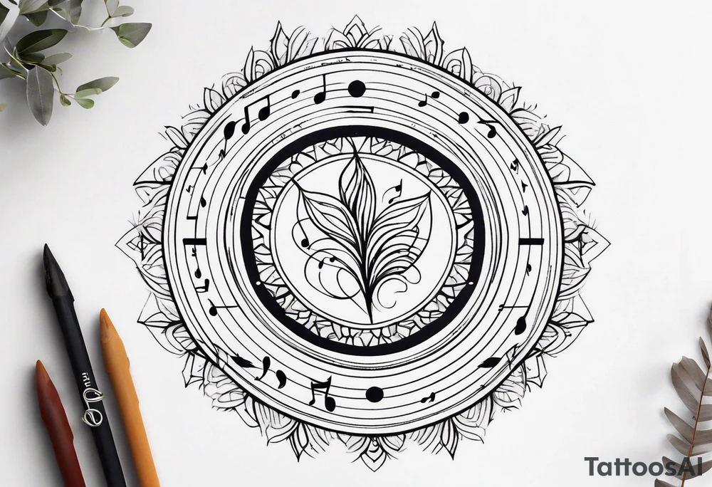 Feather Mandala tattoo with music notes tattoo idea