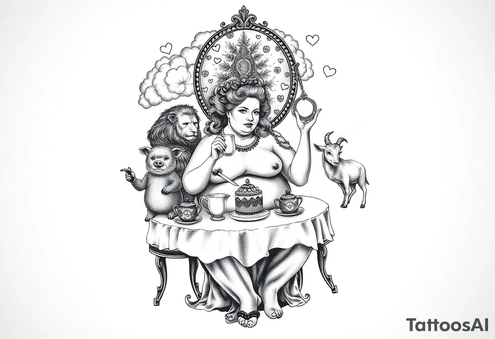 naked fat lady having a tea party with tea pots and 
with a pig, peacock, noose, lion, goat, smoking cigerettes looking in the mirror having sex with a man eating a cake thru storm clouds with knife and broken hearts and darkness and wrath, envy , gluttony, greed, sloth, pride kill tattoo idea