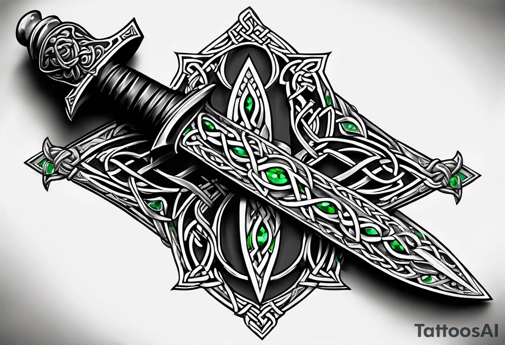 A Celtic dagger with an oak hilt turned upright and emerald gemstones on it tattoo idea